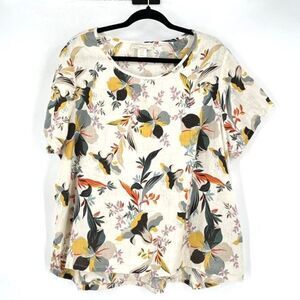 Cynthia Rowley Womens Linen Tropical Floral Short Sleeve Top Multi-Color Size 1X